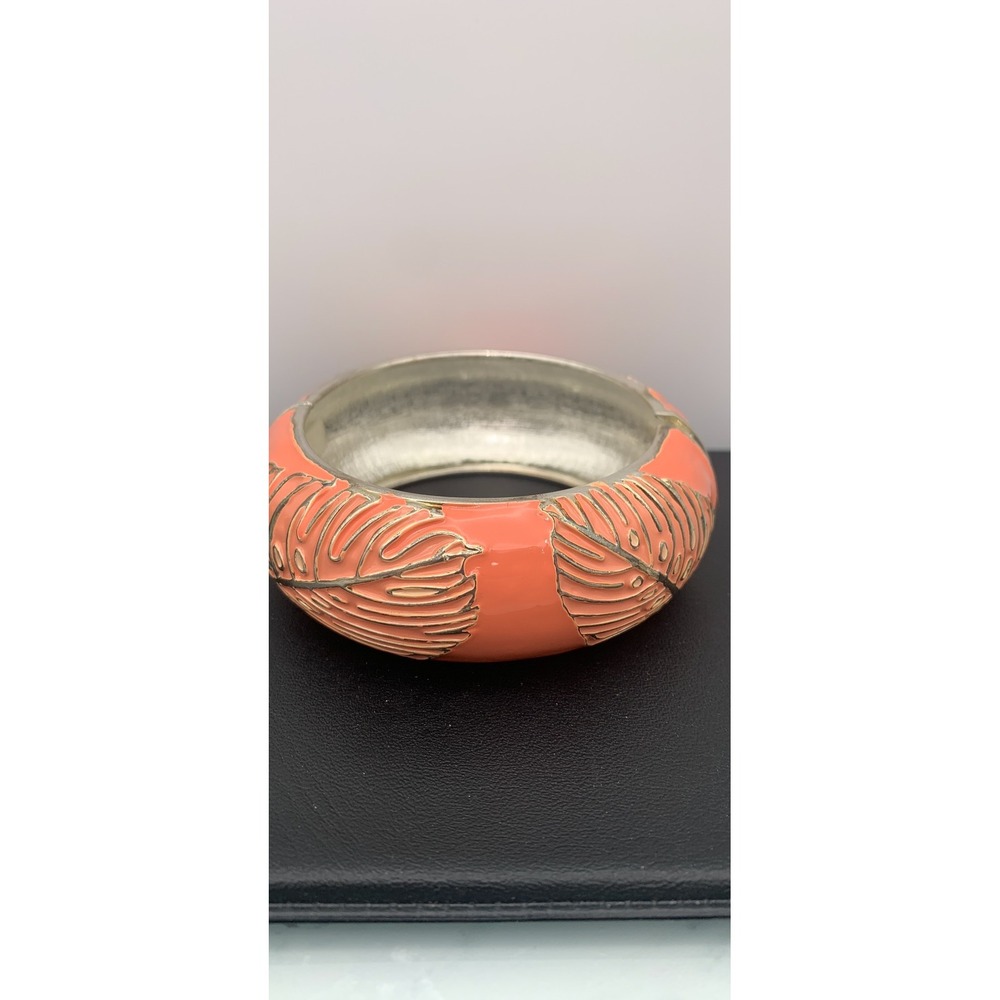 Chunky Sequin Brand coral colored Enamel Bangle Hinged Clamper Bracelet